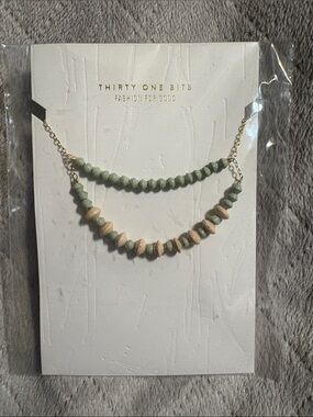 31 Bits Sage Green & Cream Double Strand Beaded Necklace